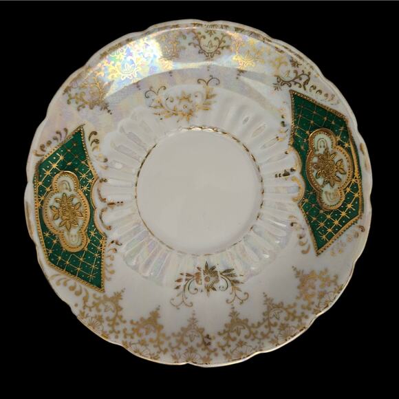 Royal Sealy Japan Pedestal Luster Footed Teacup & Saucer Green Gold Floral - Picture 8 of 10